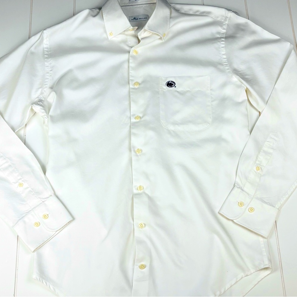Peter Millar White Penn State Button Down Cotton Blend Dress Shirt Medium
